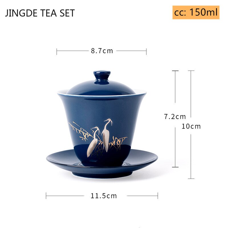 Blue Ceramic Gaiwan Tea Cup Portable Boutique Personal Tea Bowl med lock stora handgreppskål Hushållens tepetillbehör