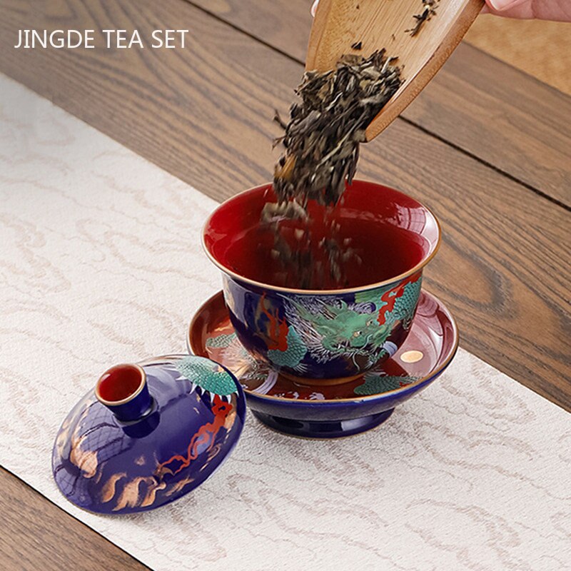Cor do esmalte Três Cai Gaiwan requintada tigela de chá cerâmica com uma xícara de chá de chá chinesa Conjunto de chá de alta qualidade Infusor de chá