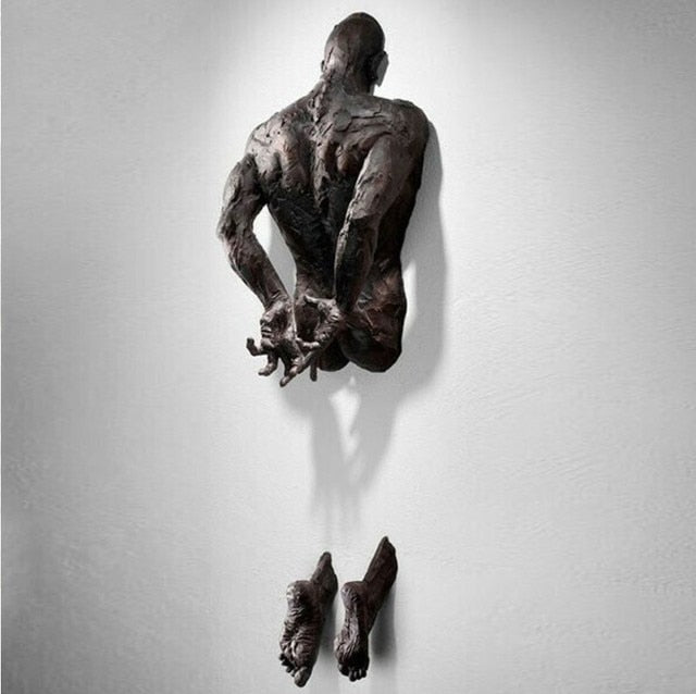 3D Through Wall Figure Sculpture Resin Electroplating Imitation Copper Abstract Climbing Man Statue Living Room Home Decoration