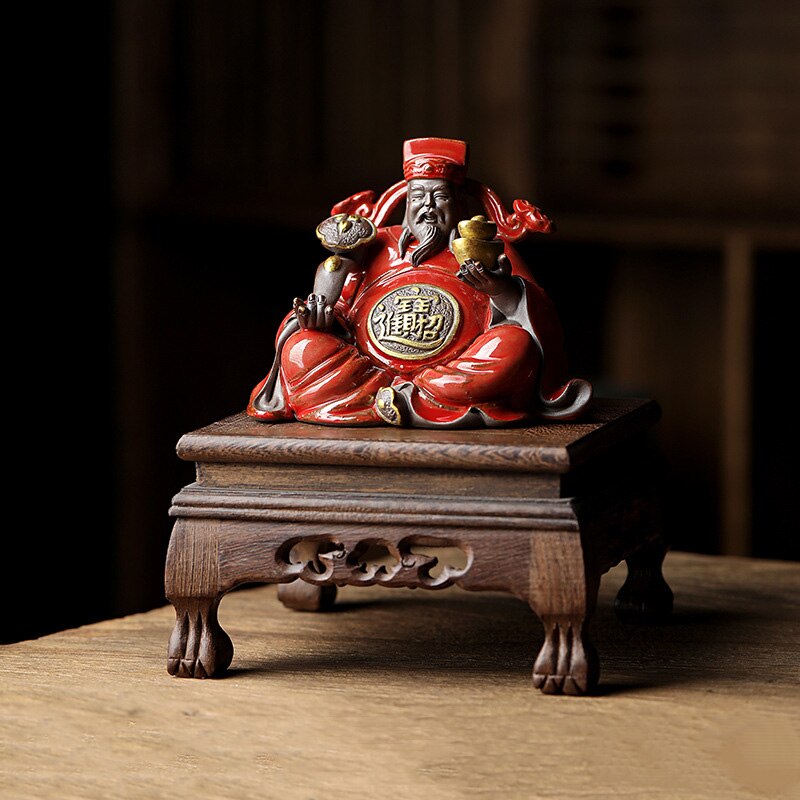 Ornement de statue de personnage du dieu de la Fortune en céramique, statue de bouddha porte-bonheur de style chinois pour la maison, le salon, le porche et le bureau 