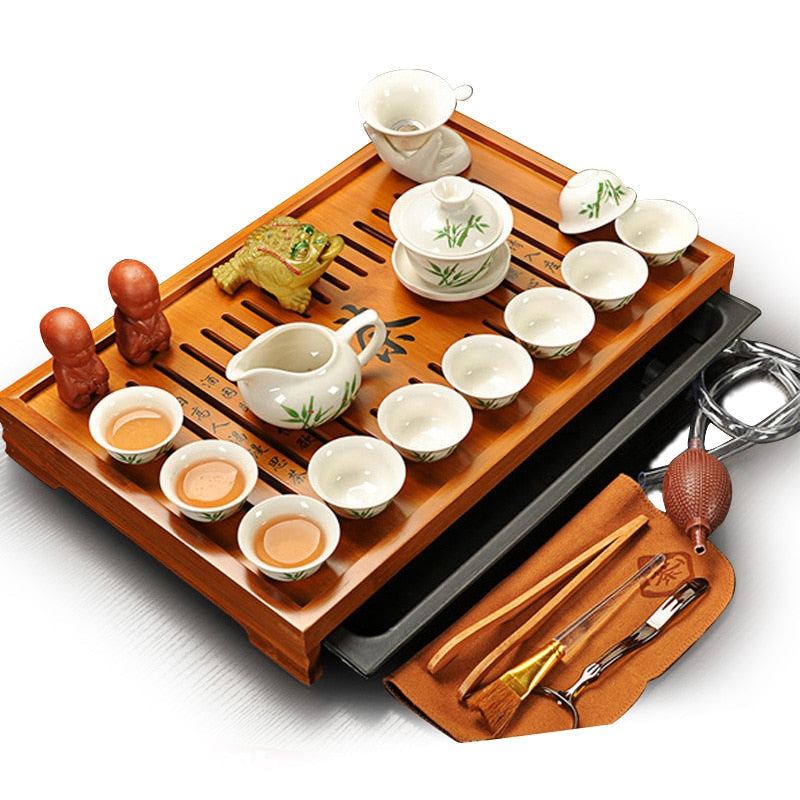Tepsiyle Çin Çay Seti Gaiwan Infusers Teapot Kit Çin Lüks Kung Fu Çay Kupası Seti Tam Hediye Mutfak TE TEAPOT TEAWARE