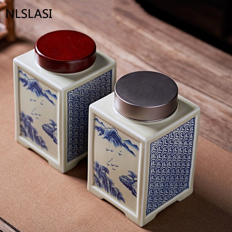 Cina Square Ceramics Tea Caddy Oolong Tieguanyin Container Travel Uncang Teh Dimeterai Balang Kopi Canister Dapur Penyusun Rempah