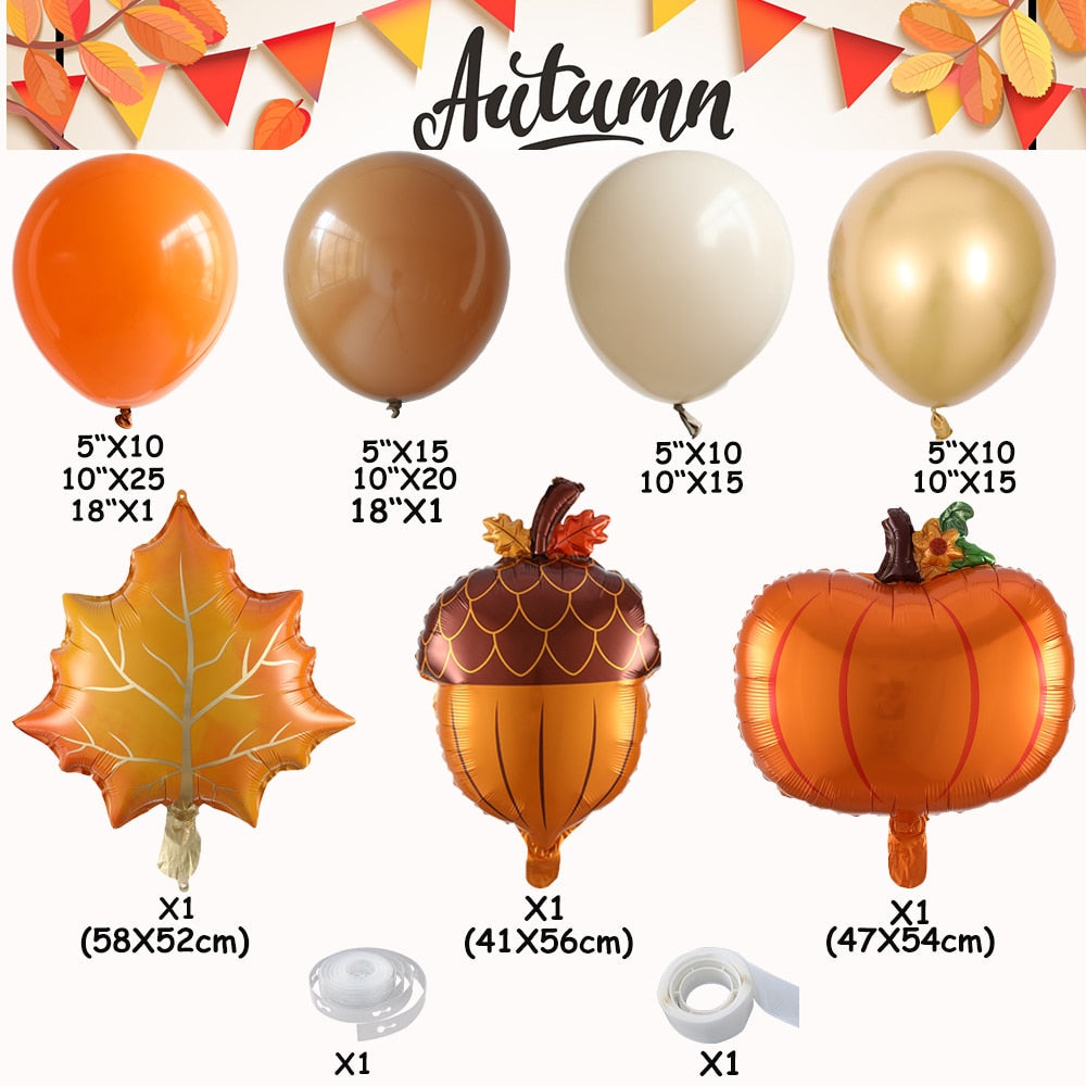 Kit de guirlande de ballons d'automne, 127 pièces, petite citrouille, feuille d'érable, pomme de pin, Orange, café, sable blanc, décors de fête à thème d'automne 