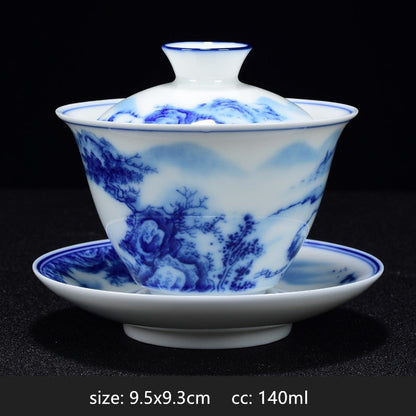White Porcelain Blue and White Landscape Gaiwan Home with Cover Tea Cup Bowl Chinese Ceramic Tea Sets Handmade Tea Maker