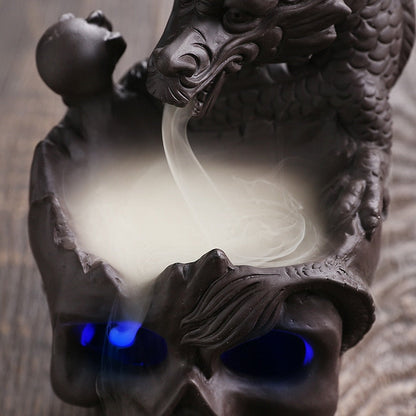 LED Dragon Statue Backflow røgelse Burner Halloween Skull Decoration Ornament Smoke Fountain Waterfall røgelse Holder Home Decor