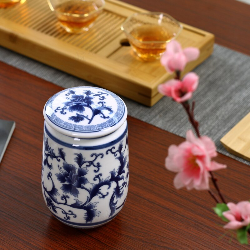 Čínský palác modrobílý porcelánový čaj Caddy Přenosná keramika Uzavřené nádoby Cestovní sáček na čaj Úložná krabička Kanystr na kávu