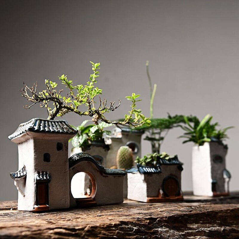 Chinese Antique House Retro Building Ceramic Flower Pot Decoration Garden Bonsai Figurines Miniatures Home Ornaments Free Ship