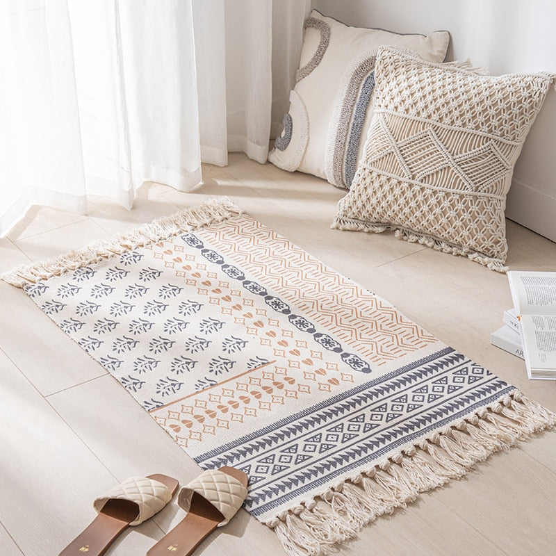 Bomulls lin vevd vintage dusker rug boho rom dekorer estetisk sengsrekke ved sengekåret stue enkel homestay gulvmatte