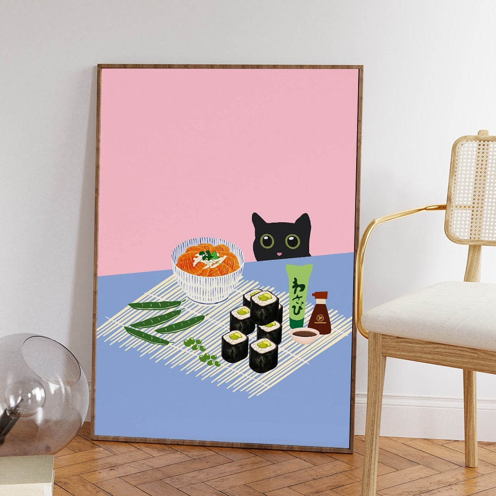 한국 푸드 스트리트 김치 포스터 프린트 현대 검은 고양이 피크닉 부엌 벽 예술 캔버스 그림 장식 홈 부활절 건축 방