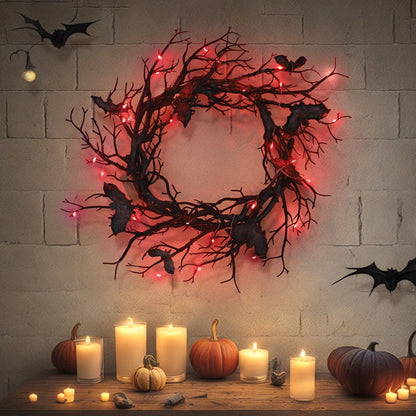 Halloween Ghit Bat Black Branch Ghirini con ghirlande rosse LED LED 45 cm per porte Ghirlanda di fiore da finestra Decorazione di Halloween