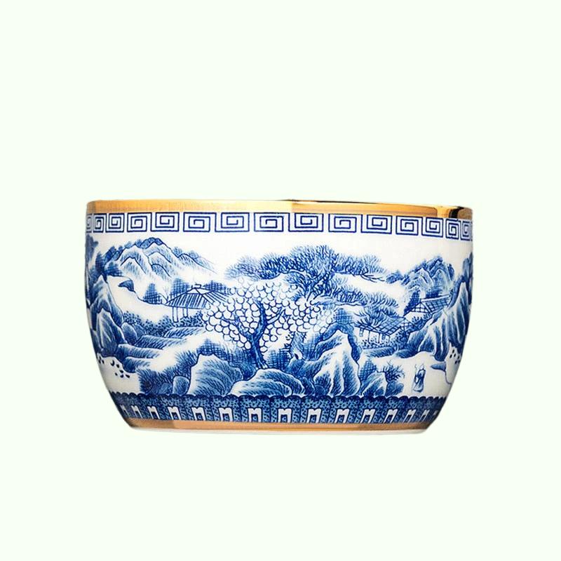 Jingdezhen pintada à mão Blue e White Paisaging Copo Mestre Inclado com Cerâmica de Cerâmica Golada Conjunto de chá Fu, xícara de chá, tigela de chá sofisticada