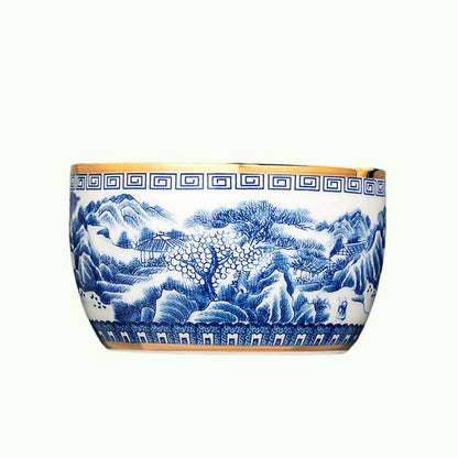 Jingdezhen ručně malovaný modrý a bílý krajinářský šálek vykládaný zlatým keramickým sadou kungu fu, šálek čaje, špičkové čajové mísy