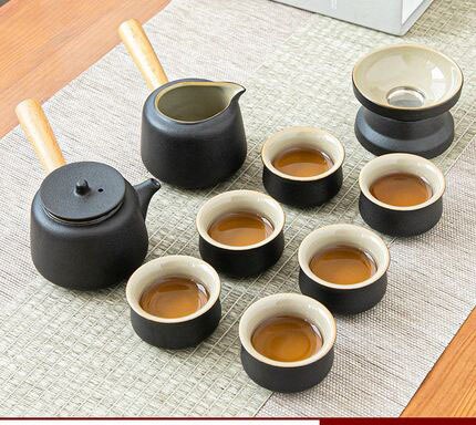 Majlis Teh Pottery Black Set Seramik Kung Fu Teh Teapot Set Zen Style Tea Service Set With Tea Caddy, Set Hadiah