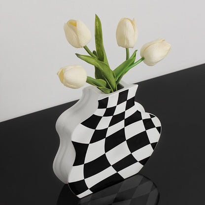 Tablero de verificación de jarrón de cerámica de cerámica en blanco y negro Jarrón de flores secas Sala de estar Arreglo de la sala de estar Decoración del hogar