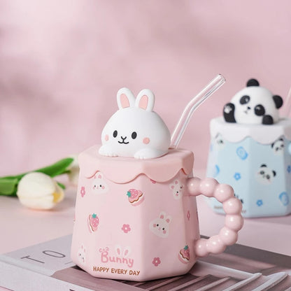 Cute Cartoon Ceramic Cup Mug with Cover and Straw High Color Ceramic Water Cup Household Milk Cup Tea Coffee Cola Cup Set