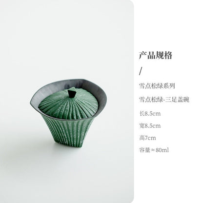 Soupière à thé en céramique verte de pin, rétro Point de neige de 80ml, bol à thé Ercai à rayures créatives avec couvercle, service à thé Gaiwan Kung Fu