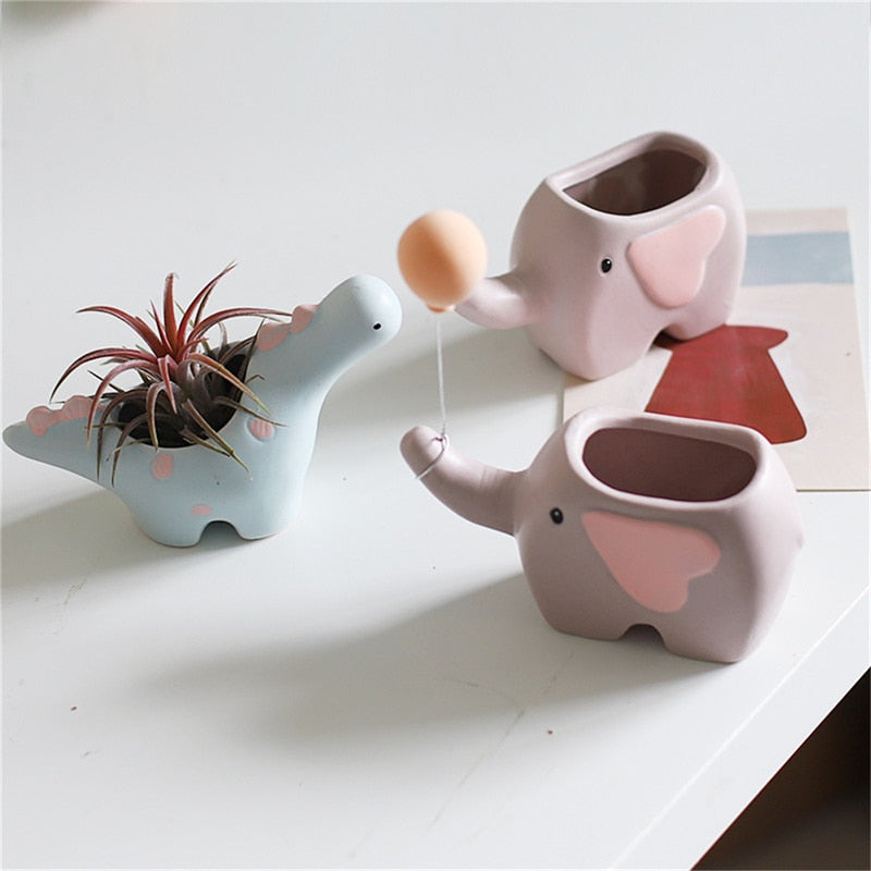 Kreativ blomsterform Plantpotte Keramiske gryder til blomster Tegneserie Elephant Dinosaur Succulent Pot Cute Home Table Decor Vase
