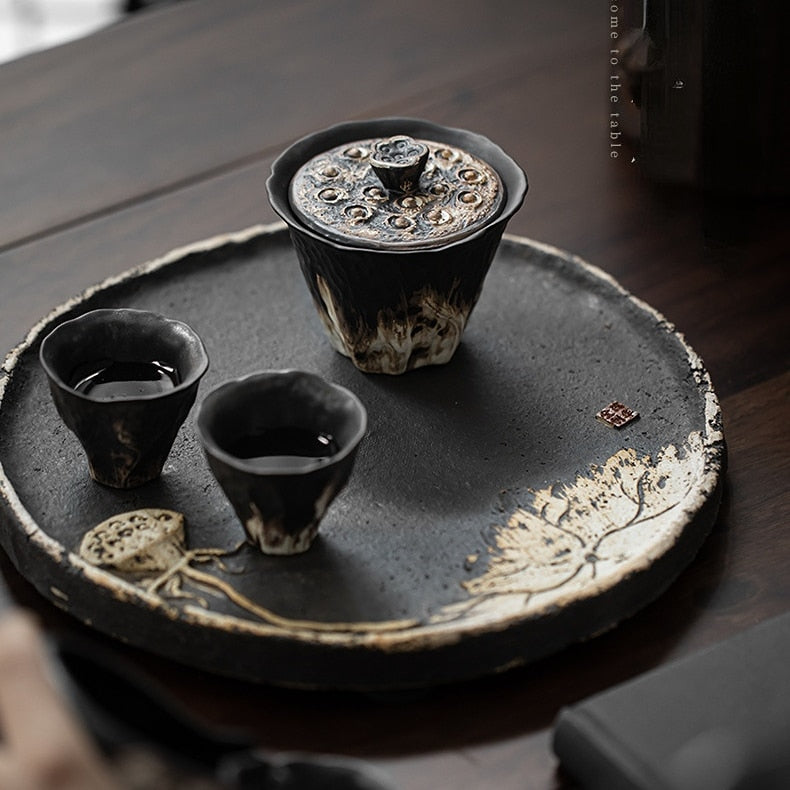 200 ml: n käsintehty kohokuvioitu lootuskeraaminen tee Turewabi Sabi -tyyli peitetty kulho karkea keramiikka teevalmistaja Gaiwan Kung Fu Tea Set -lahja
