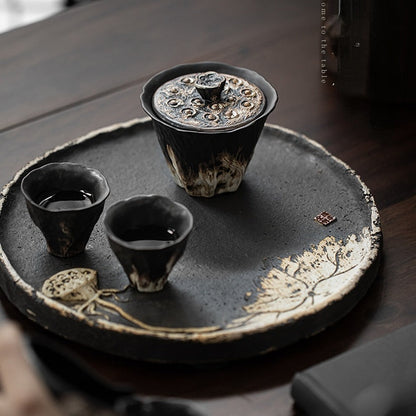 200 ml håndlaget preget lotus keramisk te turewabi sabi stil dekket skål grov keramikk teprodusent gaiwan kung fu te sett gave