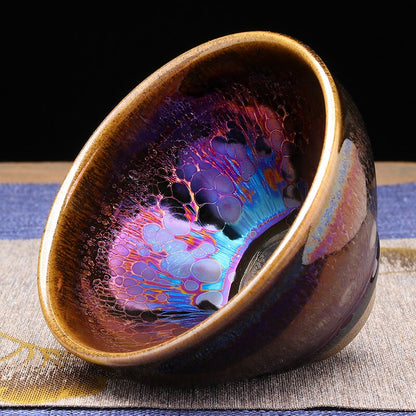 Jianzhan Tenmoku 티 컵 유명한 포터 Zilong Liu에 의한 영광스러운 색상 변화 가마 세라믹 티 그릇 드링크웨어 선물 상자