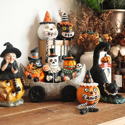 Vintage Geisterschädel Ornament Handbemalte schwarze Katze Hexe Desktop Skulptur Spaß Halloween Dekoration Keramik Handwerk Geburtstagsgeschenk 