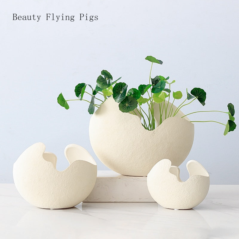 1pcs gaya pastoral moden Nordic Seramik putih telur shell vas bunga periuk rumah hiasan hiasan bunga desktop