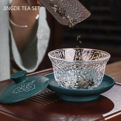 Vetro resistente al calore in stile giapponese ceramica gaiwan con copertina tazza da tè produttore di tè per la casa ciotola da tè trasparente set da tè boutique