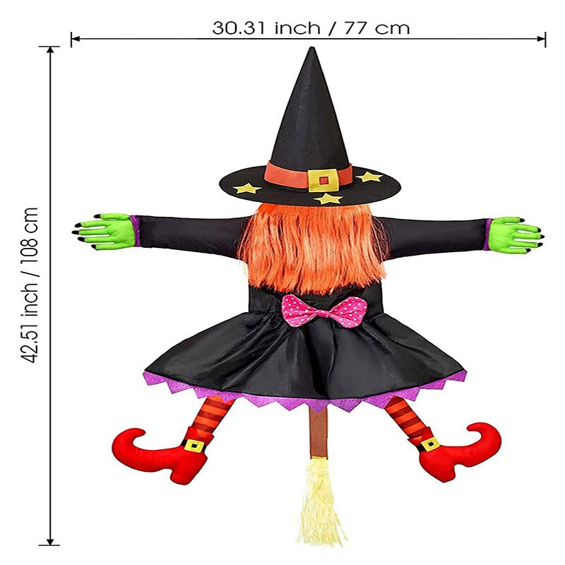Bruxa de bruxa na decoração de Halloween de árvores, adereços de bruxa quebrados pendurando decorações de bruxas de Halloween para a varanda de porta vara