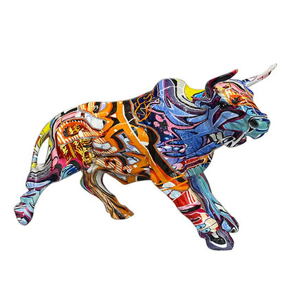 カラフルな水転送印刷牛の彫像デスクトップ樹脂飾り飾りグラフィティアートホームデコレーションオフィスオーナメントフレンズギフト