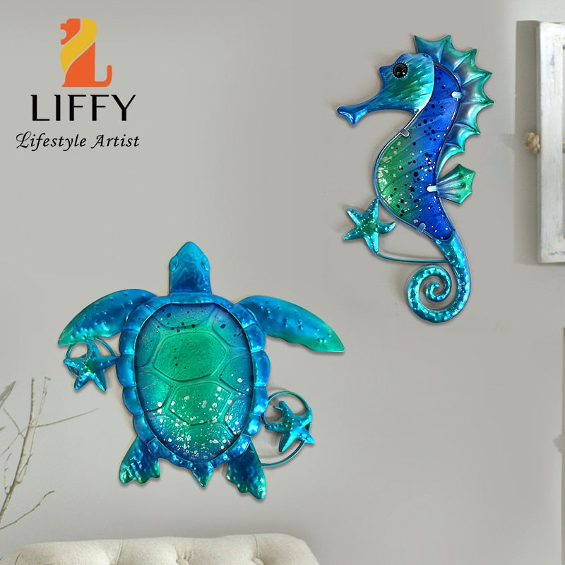 Tortue de mer bleue en métal, hippocampe avec verre, Art mural pour la maison, objets décoratifs, Sculpture, Statue de salon, salle de bain, piscine 