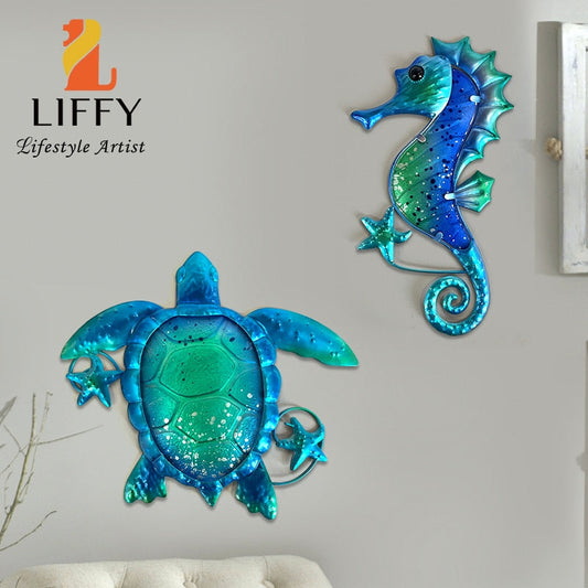 Metalen blauwe zeeschildpad zeepaardjes met glazen muurkunst voor huisdecoratieve objecten beeldhouwbeeld van woonkamer badkamer pool