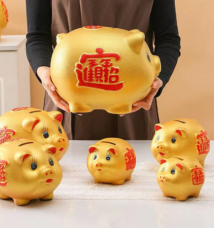 Ceramic Lucky Gold Pig Coin Piggy Bank Large Capacity Children's Storage Box Cute Pig Animal Jar Home Piggy Bank Kids Gift