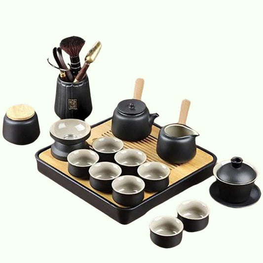 Juego de ceremonia de té de cerámica negra Cerámica Kung Fu Tapot Juego de servicio de té de estilo zen con caddie de té, juego de regalos