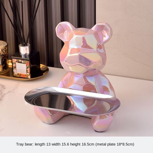 Геометрическая форма керамическая гальваническая статуя медведь с подносом из скорбки, конфет, косметической ящиком для хранения, отделка на полке.