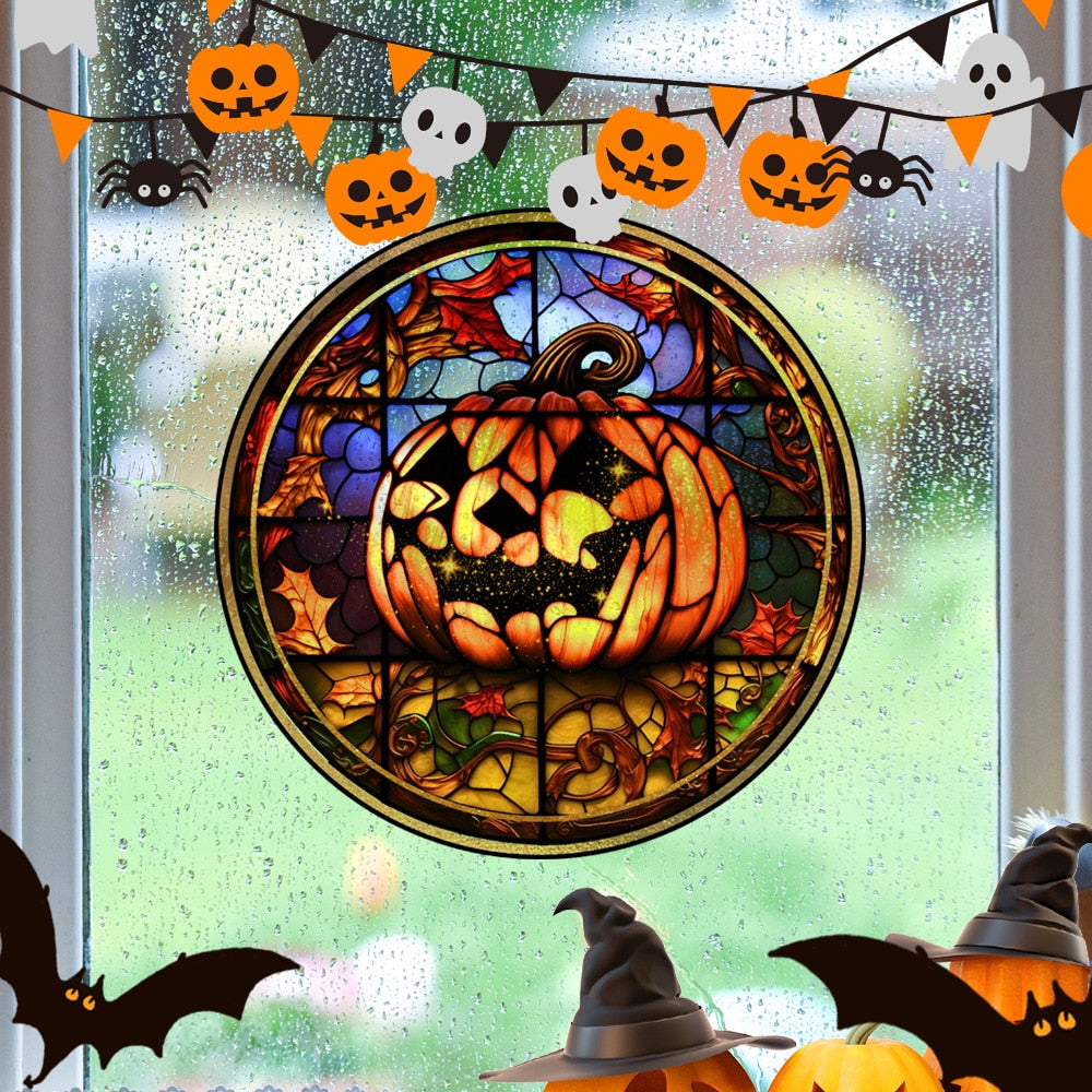 Halloween barwiony kolorowy horror zamek kota statyczne naklejki na okno PVC klej za darmo dekoracyjny film domowy dekoracja domowa