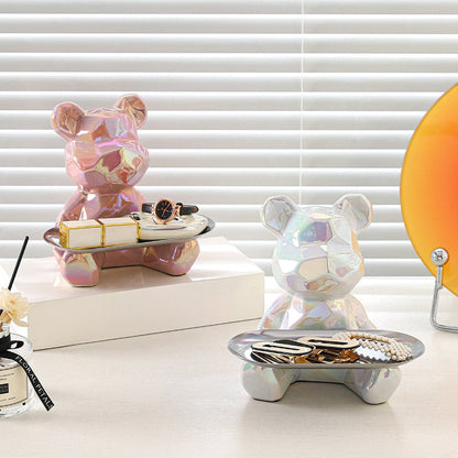 צורה גיאומטרית קרמיקה פסל אלקטרוליטי דוב עם מגש בנק חזיר, ממתקים, תיבת אחסון קוסמטית, קישוט מדף תצוגה.