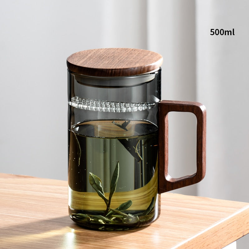 Gianxi Tea Cup med halvmånefilter Japansk trehåndtak Varmebestandig glass kopper teblad separasjon Tesett sett