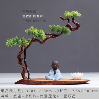 Neue chinesische Art-Desktop-Veranda-Dekoration, Wurzelschnitzerei, willkommene Kiefer, dekorative Kunst, Büro, Weihrauchbrenner-Dekoration 