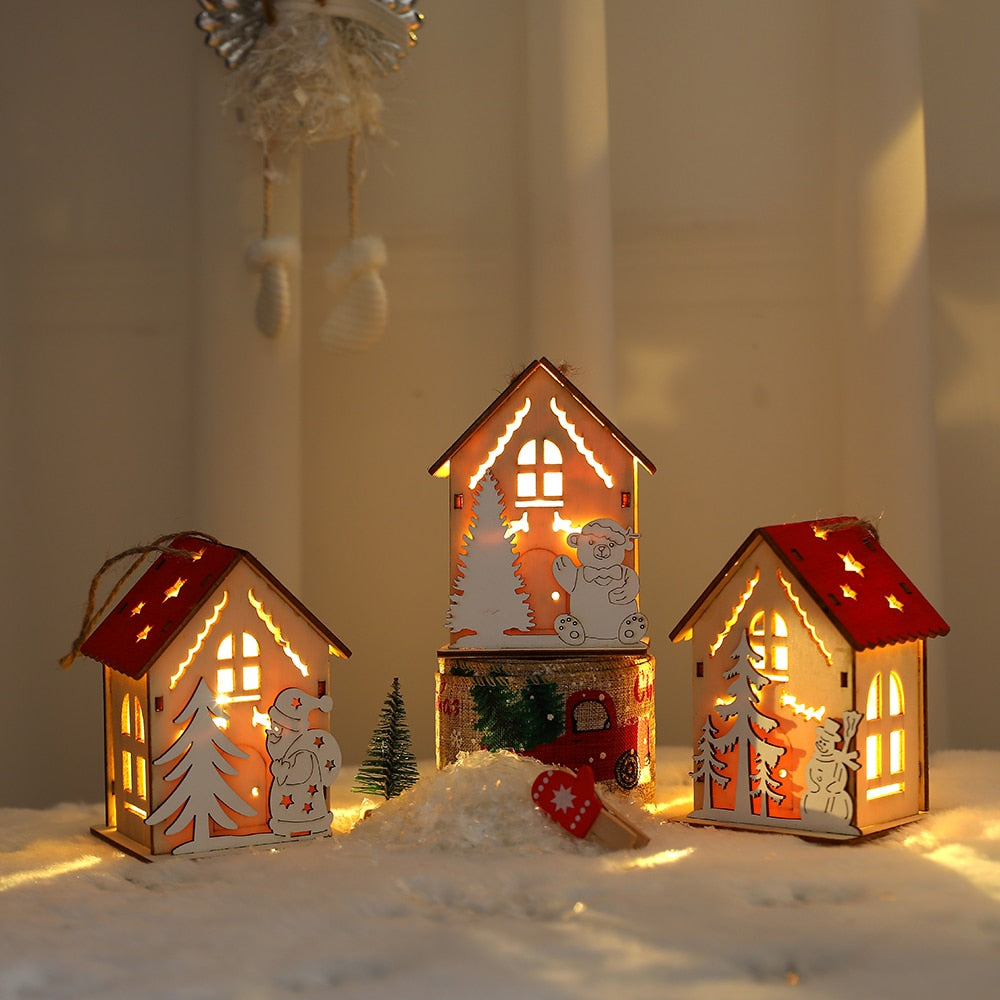 Uusi joulupuinen talo riipus lumiukko Elk Santa Claus Bear House Lighting Hehkuinen hirsimökki Joulukoristeitarvikkeet