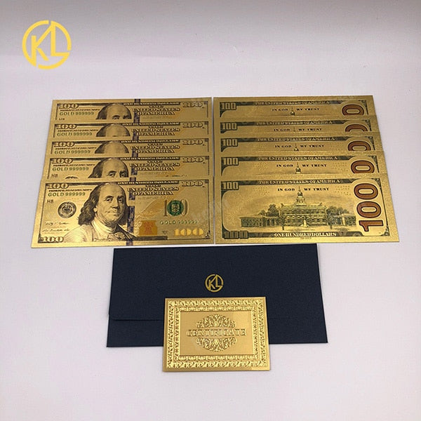 10ks/Lot USA 100 dolaru zlatý fólie Platsic Banknote Bill Spojené státy americké s obálkou pro dárky