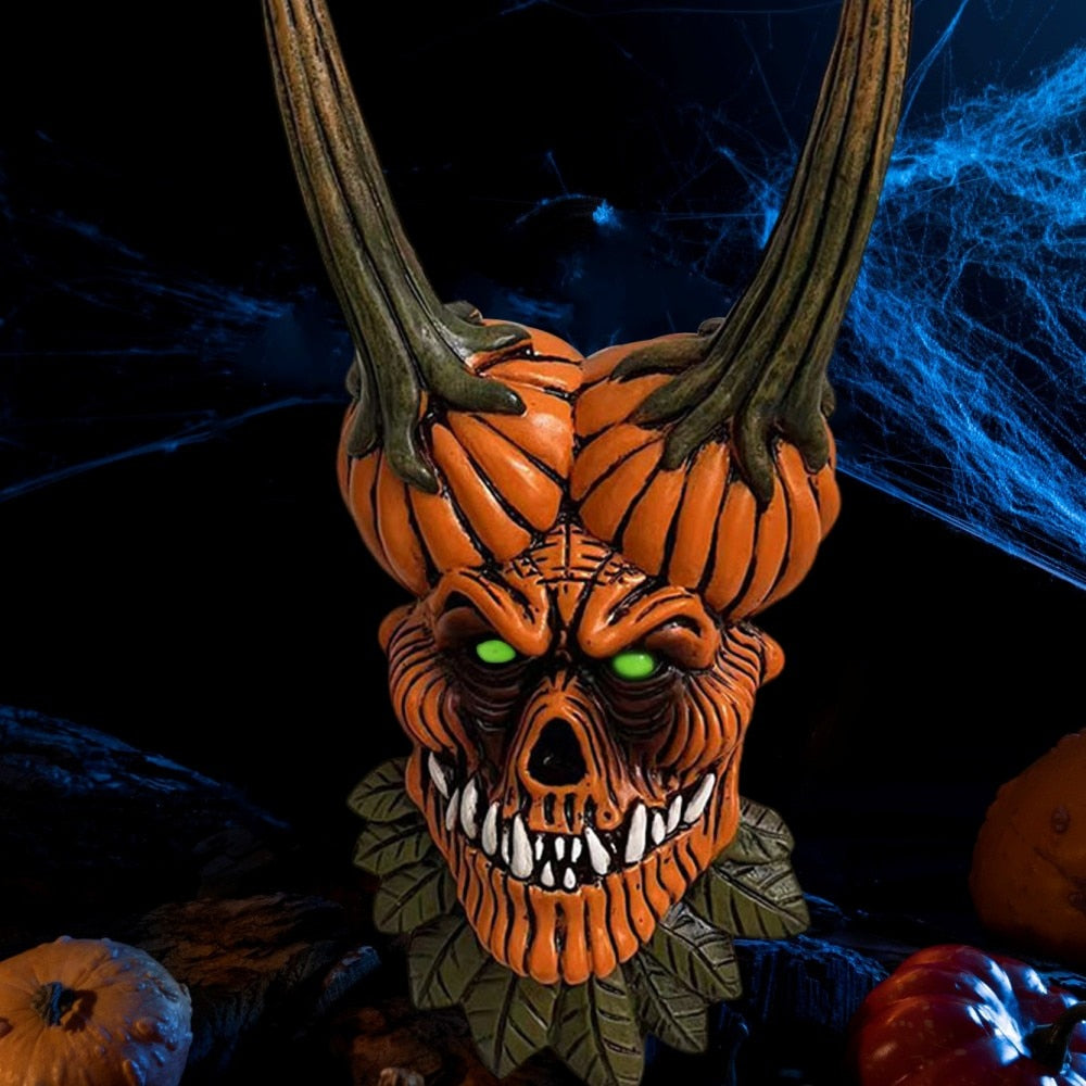 Pumpkin Ghost Face Decorativo Fatuetas Party Cosplay Eyes Luminous Resina Parede Horror Estátua Artesanato Decoração de Halloween Decoração de Halloween