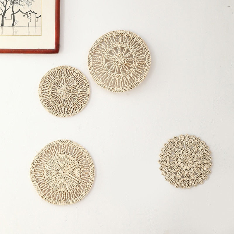 Boho Handmade Woven Straw Wall Decor Moroccan Hanging Ornament Round Nordic Placemat Home Living Room Background Decoration