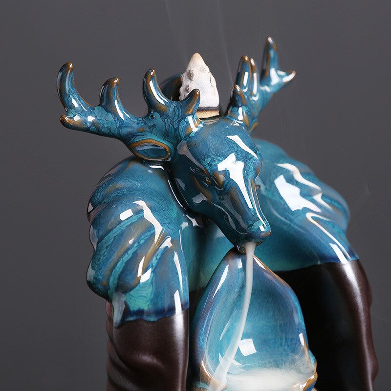 Air Terjun Dupa Keramik Modern Blue Deer Head Backflow Burner Burner Home Ornaments Busin Busin Buskas Burung Bakar