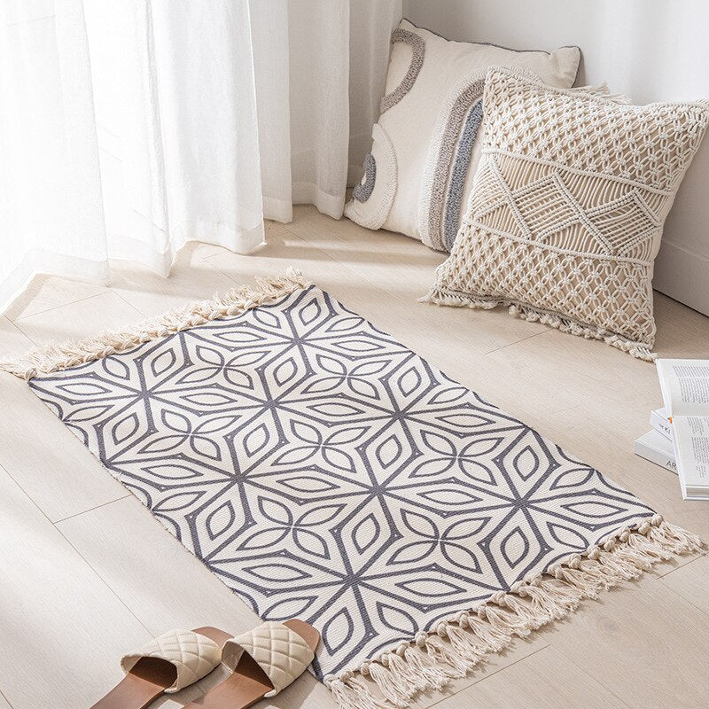 Cotton Linen Woven Vintage Tassels Rug Boho Room Decors Eesthetic Bedrooom Tempat Tidur Karpet Ruang Tamu Ruang Lantai Rumah Sederhana