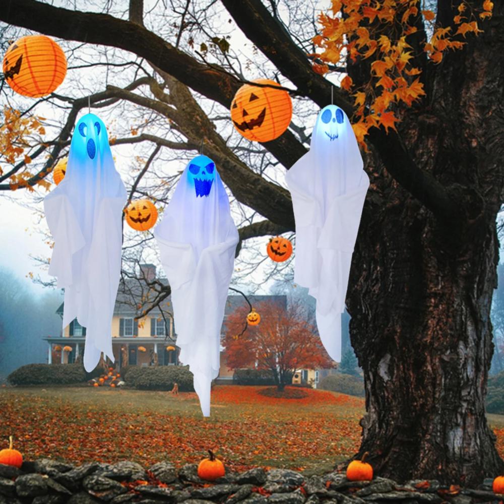 65*60cm Halloween Ghost Hiasan Gantung Halloween Hanging Light Up White Flying Ghosts Tree Window Hiasan menakutkan
