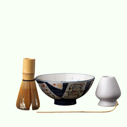 Japonese encantador gato de cerámica Matcha Bowl con batidor de bambú y soporte de chasen
