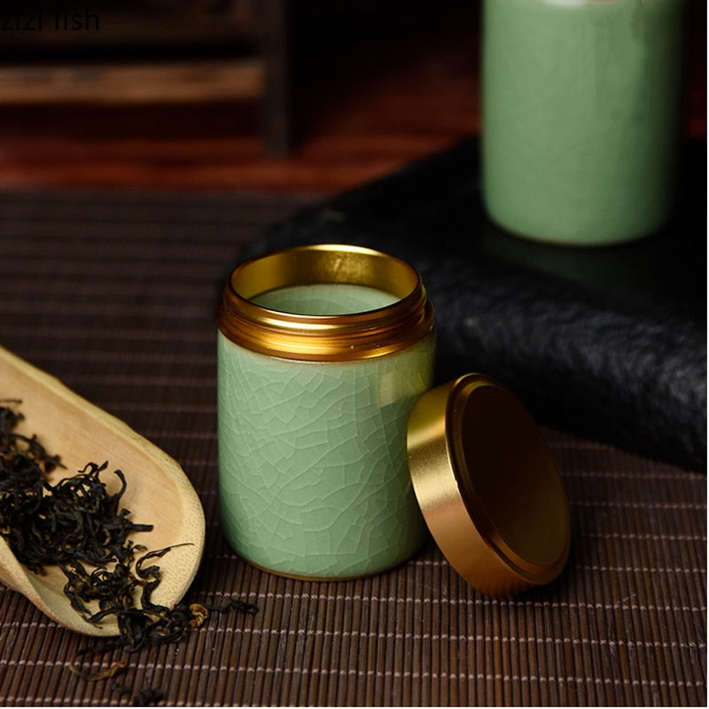Keramický čaj caddy s kovovým víkem Travel Tea může pohodlný malý čajový čajový čaj Kontejner Skladovatel čaj Organizátor Candy nádoba
