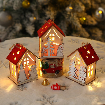 NIEUW Kerst houten huis hanger Sneeuwman Elk Santa Claus beer huisverlichting gloeiende blokhut kerstdecoratie benodigdheden