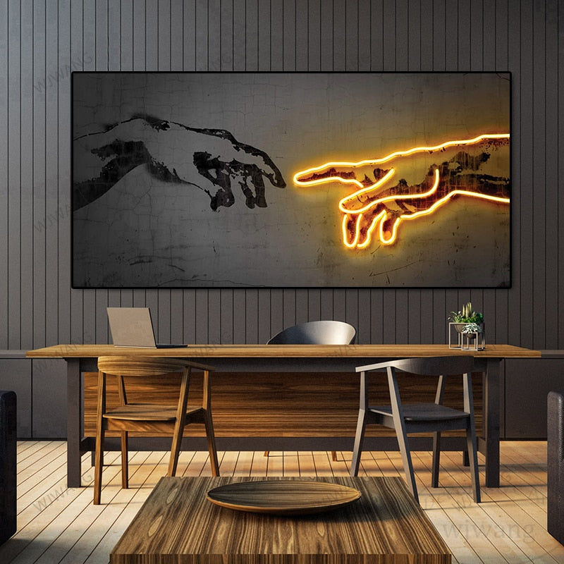 Neon Light Art Canvas Print Hand of God Artwork Abstract Plakater and Prints Canvas Wall Art Pictur