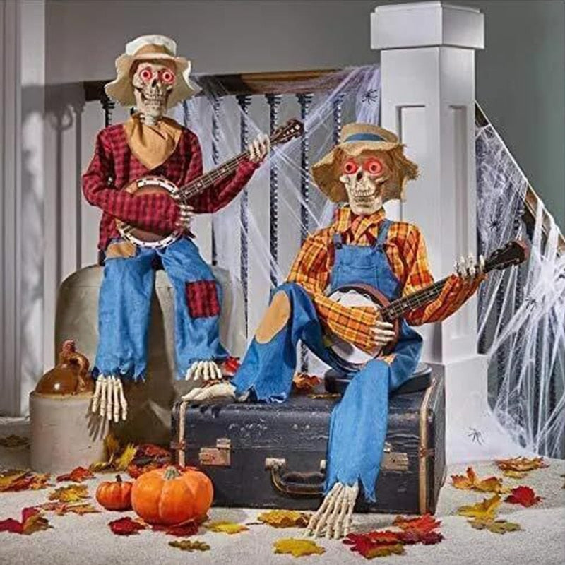 2023 Seneste Horror Night Gifts-sjove selv animerede duellerende banjo-skelet til Halloween glødende stue dekoration